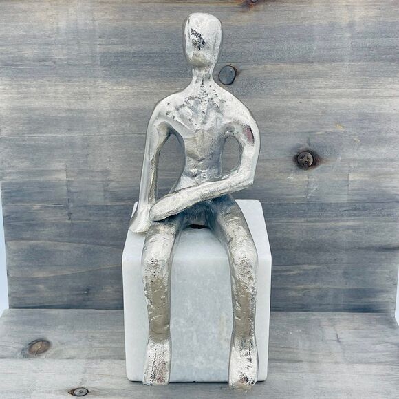 Modern Style Statue of Silver Metal Seated Human Figure Upon Marble Cube Bookend - Picture 2 of 11